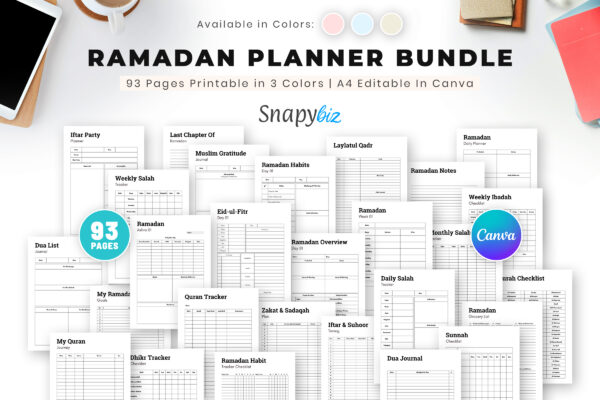 Ramadan Printable Planner Ramadan planner bundle with 93 printable pages, editable in canva, featuring trackers, journals, and checklists for ramadan