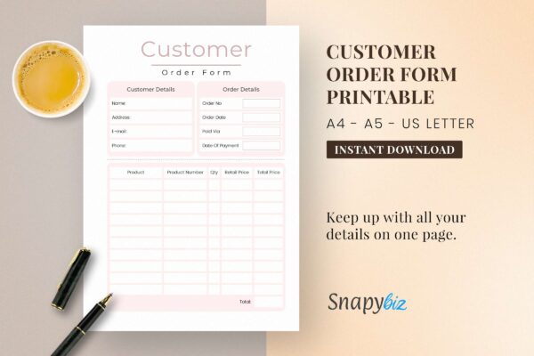 Customer Order Form Printable | Snapybiz.com