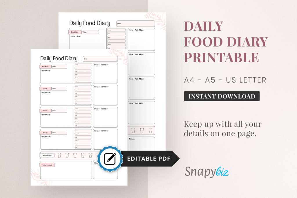 editable food journal | food diary log