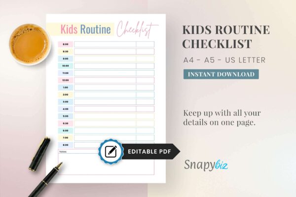 Editable kids daily routine checklist