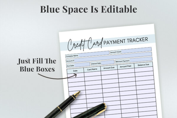 Credit card payment tracker printable planner page