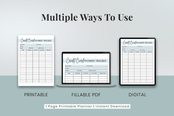 Credit card payment tracker printable planner page