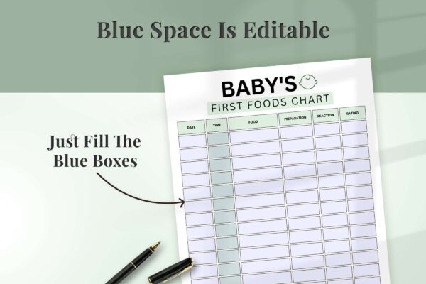 Fillable baby food printable planner green