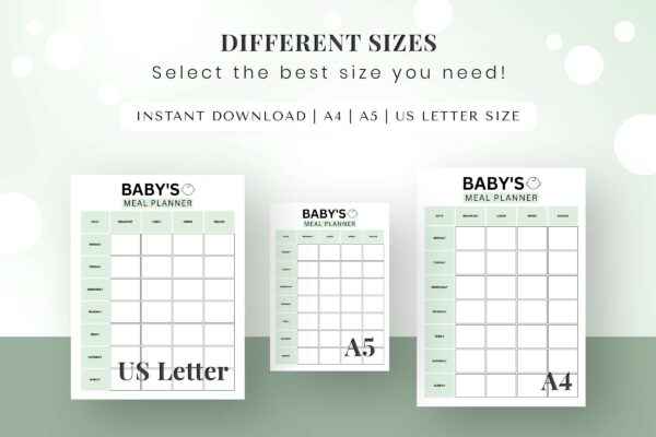 Fillable baby food printable planner green