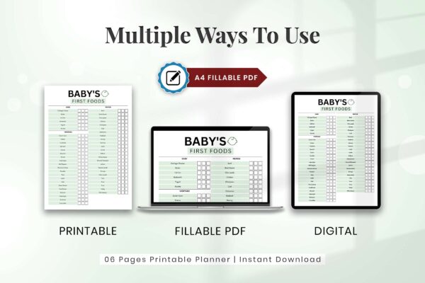Fillable baby food printable planner green