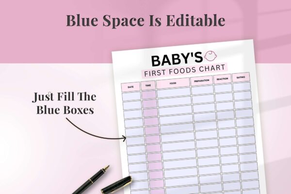 Fillable baby food printable planner