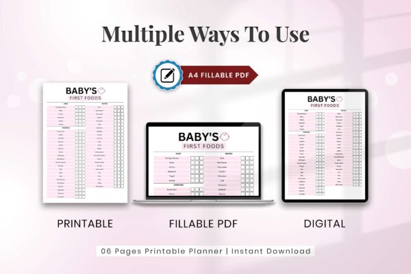 Fillable baby food printable planner