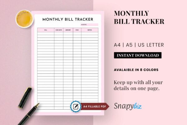 Fillable monthly bill tracker printable