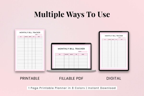 Fillable monthly bill tracker printable