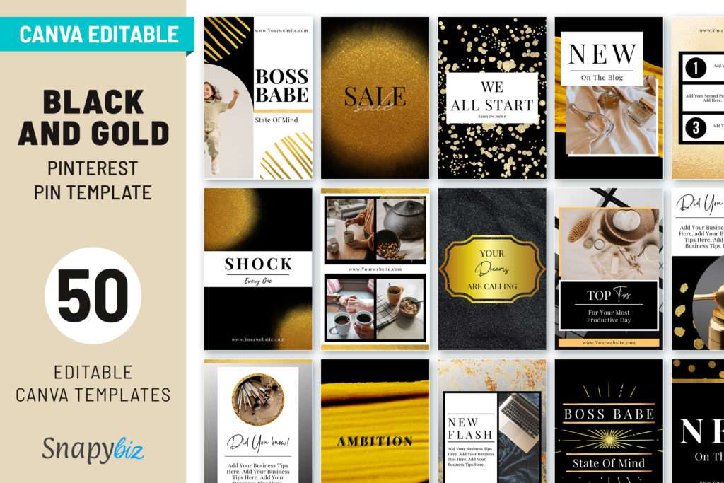 black & gold pinterest canva pins template