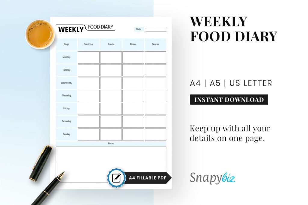 weekly food printable planner, food diary, food tracker