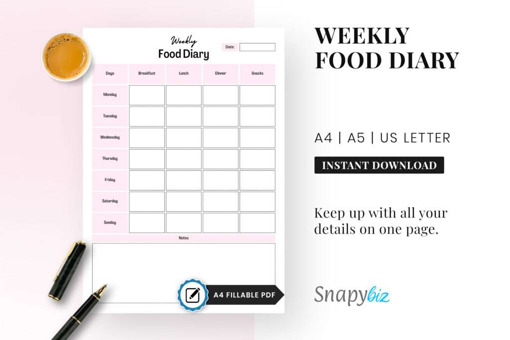weekly food planner, food diary, food tracker