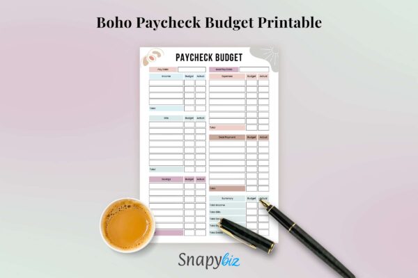 Boho Paycheck Budget Printable Feature Image 5 Paycheck budget pdf | budget worksheet | budget planner book