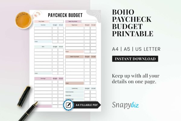 Boho Paycheck Budget Printable Feature Image Paycheck budget pdf | budget worksheet | budget planner book