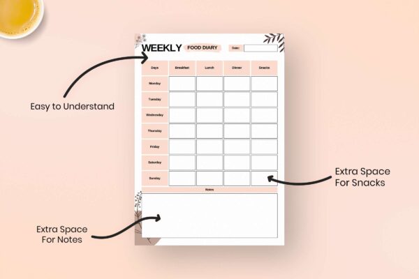 Boho Weekly Food Diary Feature Image 1 Printable weekly food, food diary, food tracker