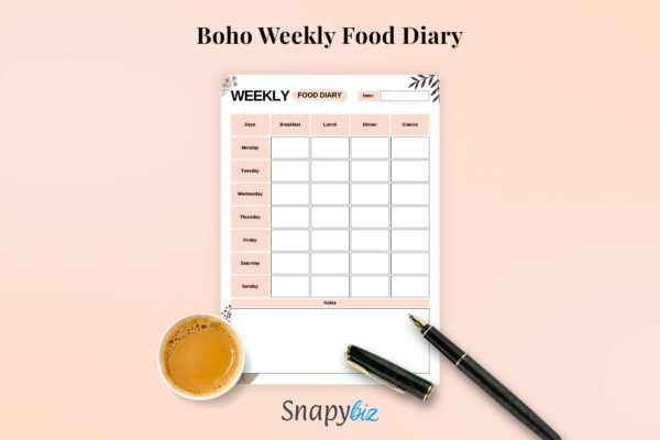 Boho Weekly Food Diary Feature Image 5 Printable weekly food, food diary, food tracker