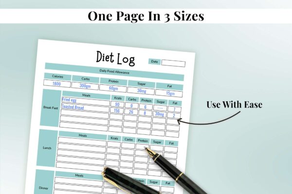 Minimal diet, food log, diet planner, diet log, diet plan