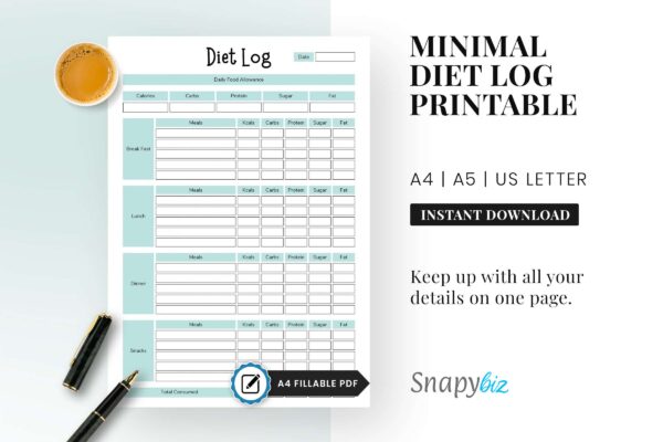 Minimal diet, food log, diet planner, diet log, diet plan