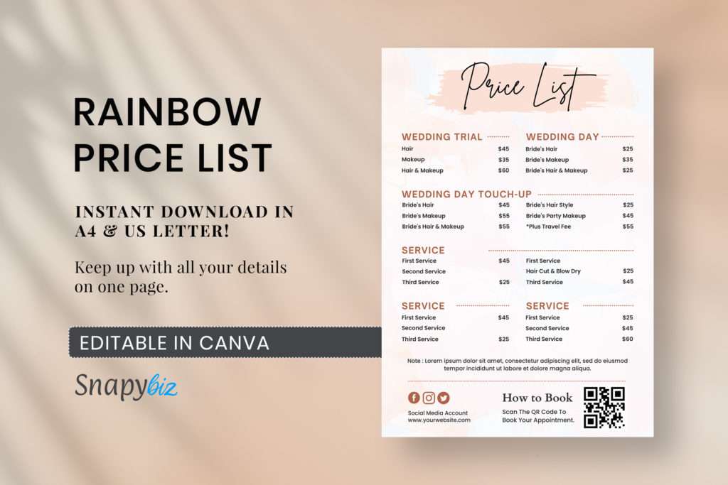 business price list, rate sheet, price chart, price sign