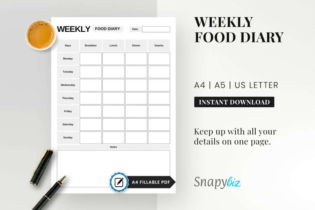 weekly food journal, food diary, food tracker