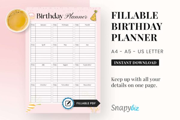 Fillable Birthday Printable Planner Feature Images Printable birthday tracker
