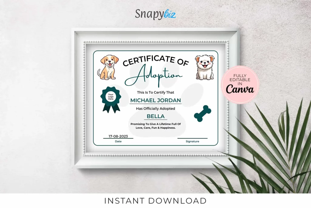"Editable PDF Adoption Certificate: Personalize with names, dates, and official details."