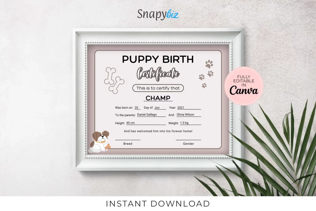 Editable Printable Puppy Birth Certificate Editable Printable Puppy Birth Certificate