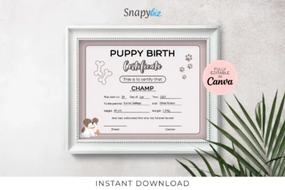 Editable Printable Puppy Birth Certificate