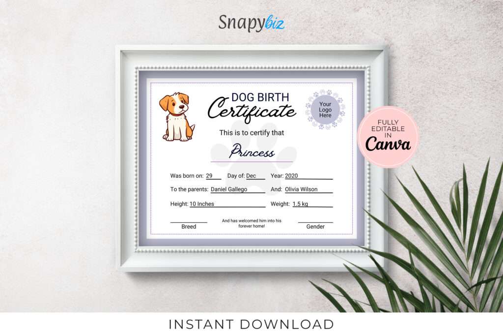 Editable Dog Birth Certificate Template Editable Dog Birth Certificate Template