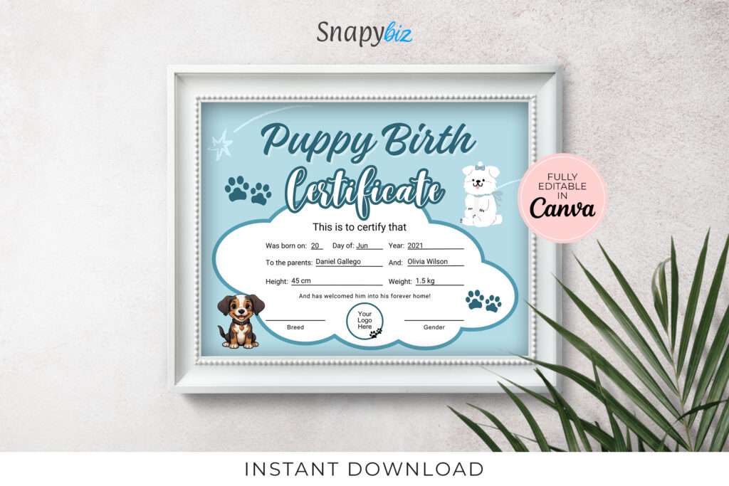 Editable Printable Puppy Birth Certificate Editable Printable Puppy Birth Certificate