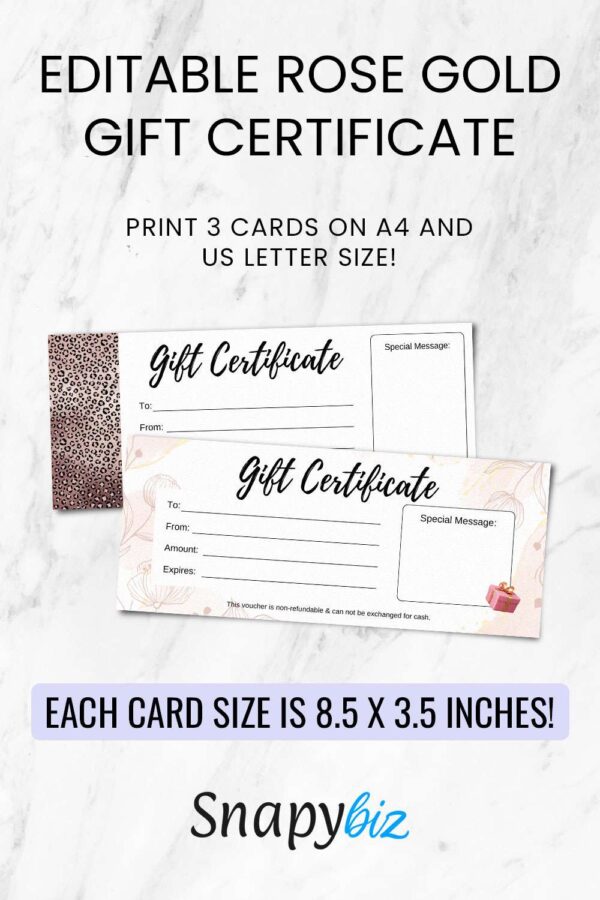 Editable Rose Gold Gift Certificate Pinterest Images Rose gold canva gift certificate template - image 11
