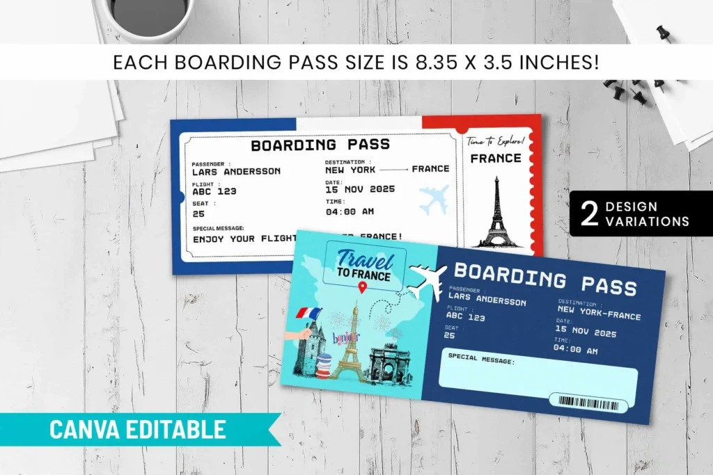 France Trip Surprise Gift Ticket Canva Editable Template