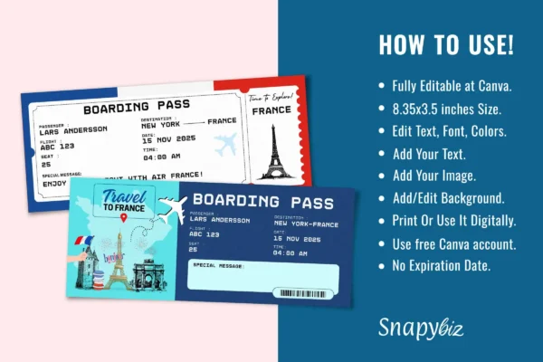 France Boarding Pass Template Feature Images 9 France trip surprise gift ticket canva editable template - image 3