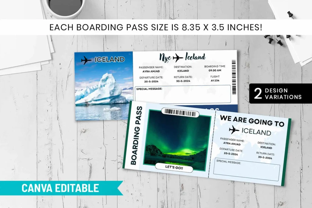 Iceland Trip Surprise Gift Ticket Canva Editable Template