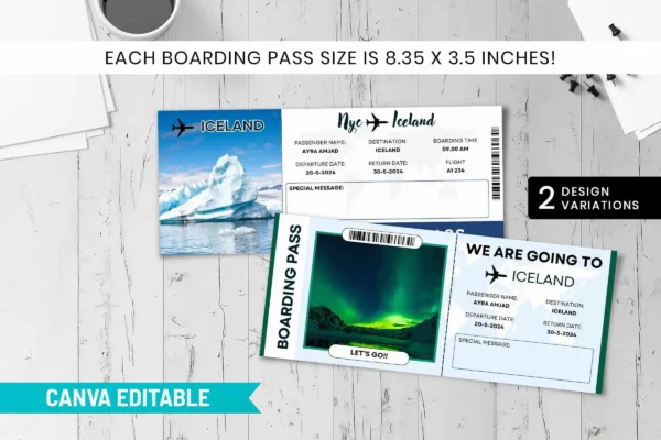 Iceland Trip Surprise Gift Ticket Canva Editable Template Iceland trip surprise gift ticket canva editable template