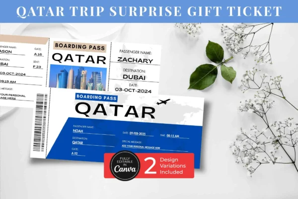 Printable Qatar Boarding Pass Ticket Canva Template Printable qatar boarding pass ticket canva template