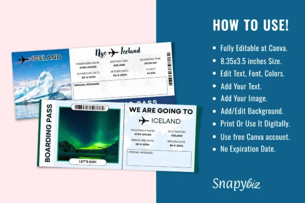 Iceland Boarding Pass Template Feature Images 9 Iceland trip surprise gift ticket canva editable template - image 3