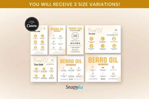 Beard Oil Care Guide Cc 274 Feature Images 1 A comprehensive presentation of beard oil care guide templates with size variations, emphasizing ease of use, professional designs, and customizable options for businesses.