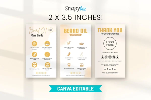 Beard Oil Care Guide Cc 274 Feature Images 3 A display of beard oil care guide templates sized 2 x 3. 5 inches, designed for portability, featuring concise care instructions and professional branding.