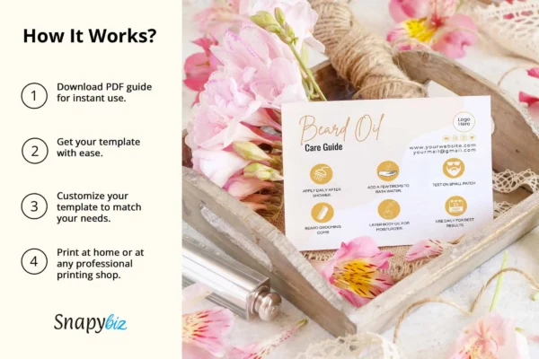 Beard Oil Care Guide Cc 274 Feature Images 7 A flat lay of a beard oil care guide card placed in a rustic wooden tray with pink and white flowers, creating a charming and cozy presentation.