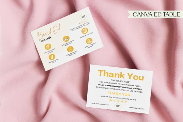 Beard Oil Care Guide Cc 274 Feature Images 9 Two beard oil care guide cards placed on soft pink fabric, showcasing detailed care instructions and a thank you note for customers, designed with a minimalist and professional aesthetic.