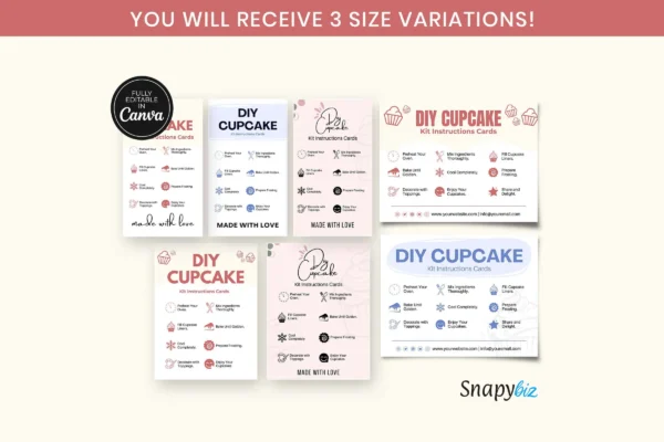 Diy Cupcake Kit Instructions Cards Cc 322 Feature Images 1 Three diy cupcake instruction cards styled alongside a cup of coffee and a book, highlighting their canva-editable feature.
