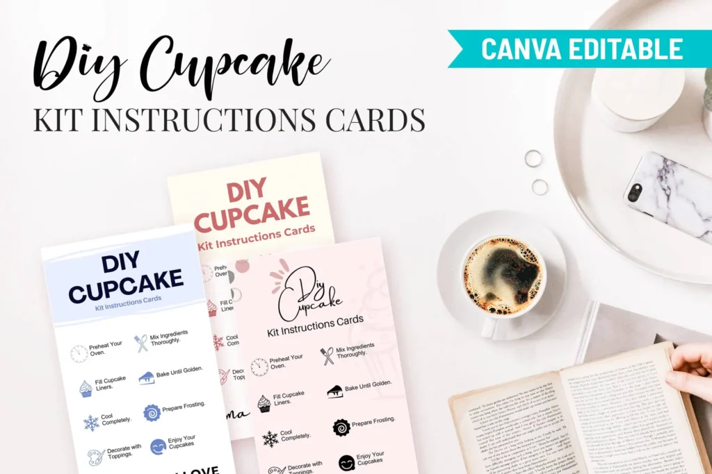 DIY Cupcake Kit Cards and Coffee Setup: "Three DIY cupcake instruction cards styled alongside a cup of coffee and a book, highlighting their Canva-editable feature."
