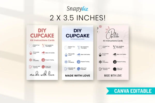 Diy Cupcake Kit Instructions Cards Cc 322 Feature Images 3 Three 2x3. 5 inch diy cupcake instruction cards in pastel shades, featuring step-by-step baking instructions with icons.