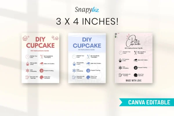 Diy Cupcake Kit Instructions Cards Cc 322 Feature Images 4 Three 3x4 inch diy cupcake instruction cards in unique designs with baking instructions and decorative graphics.