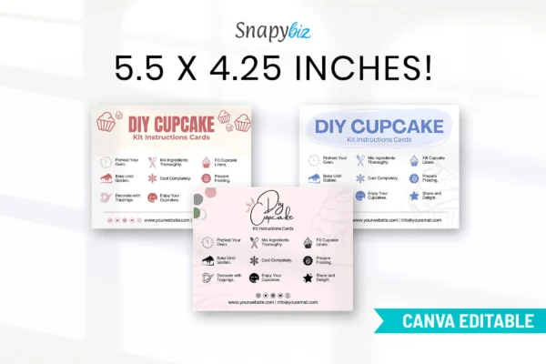 Diy Cupcake Kit Instructions Cards Cc 322 Feature Images 5 Three 5. 5x4. 25 inch diy cupcake instruction cards in horizontal layouts, highlighting baking steps and custom options.