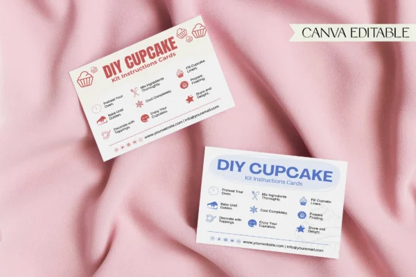 Diy Cupcake Kit Instructions Cards Cc 322 Feature Images 9 Two diy cupcake instruction cards placed on soft pink fabric, highlighting pastel designs and baking instructions.