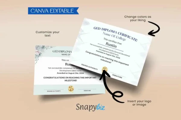 Professional ged diploma certificate template - a preview of an elegant, canva-editable ged diploma certificate featuring customizable floral and minimalistic geometric designs.