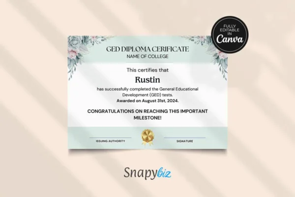 Fully customizable ged diploma template with two design variations - showcase of two editable certificate styles, highlighting options for personalized text, colors, and logo placement.