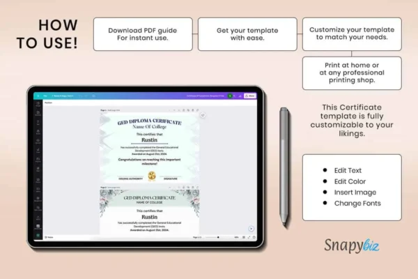 Canva editable ged diploma template highlighting professional achievements - a presentation of the certificate highlighting its validation of skills, incentives for learning, and professional credibility.